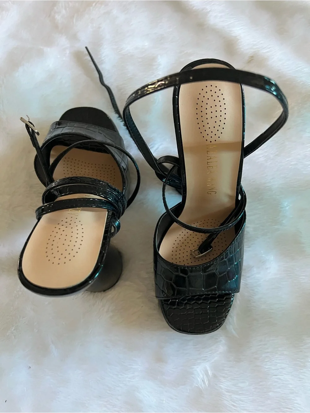 Patent Black Croc-Embossed Platform Heels with Sculpted Flared Heel